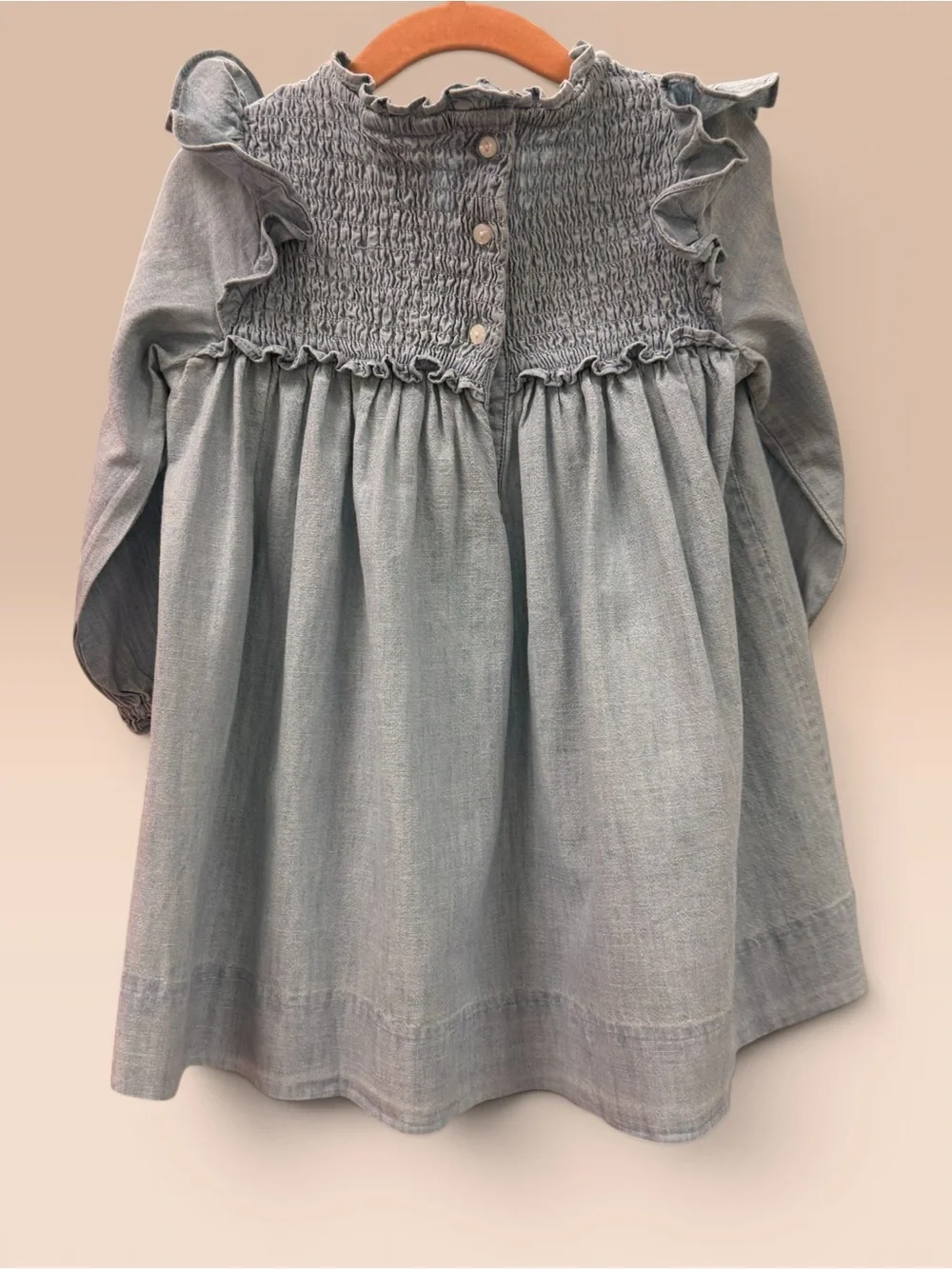 NWT Ralph Lauren Chambray Smocked Dress 18M Blue Denim Ruffle Long Sleeve